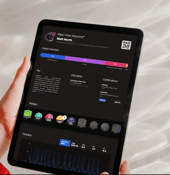 REIGN Real-Time Resume on a tablet, showing a career overview, badges, and work history